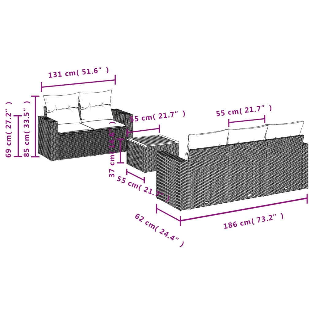 Set canapele de gradina cu perne, 6 piese, gri, poliratan — imaginea 10
