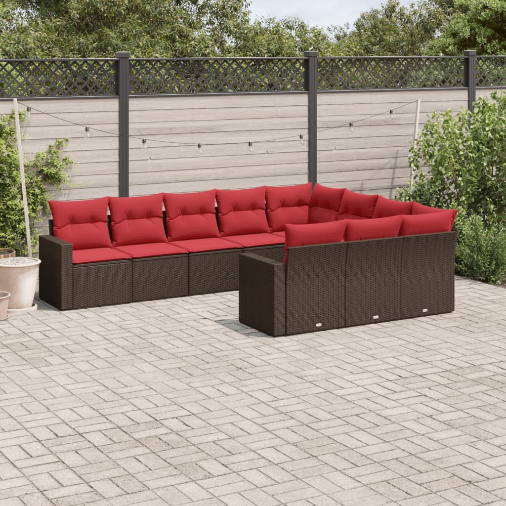 Set canapele de gradina cu perne, 10 piese, maro, poliratan — imaginea 2