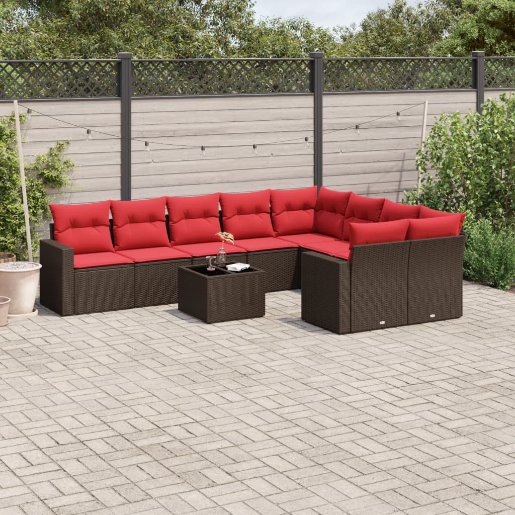 Set canapele de gradina cu perne, 10 piese, maro, poliratan — imaginea 2