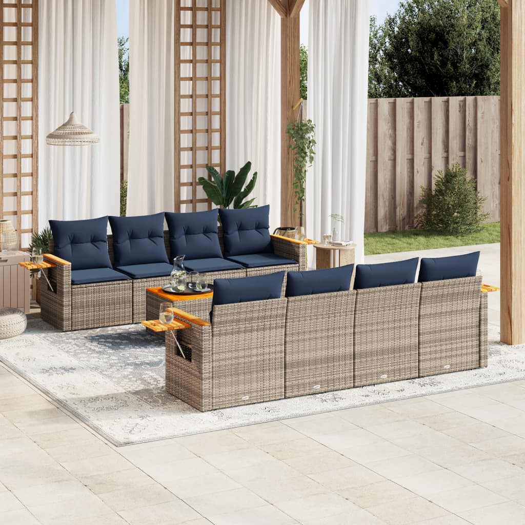 Set canapele de gradina, 9 piese, cu perne, gri, poliratan — imaginea 2