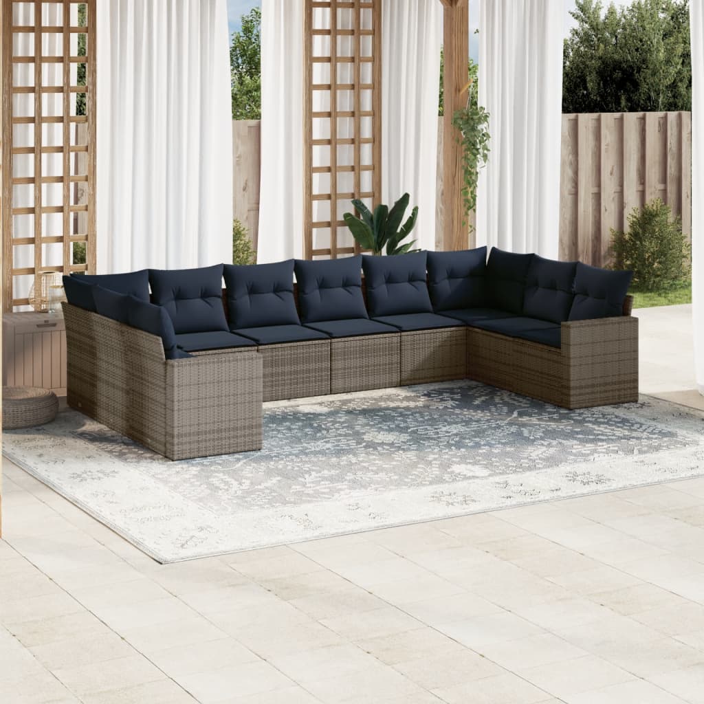 Set canapele de gradina cu perne, 10 piese, gri, poliratan — imaginea 2