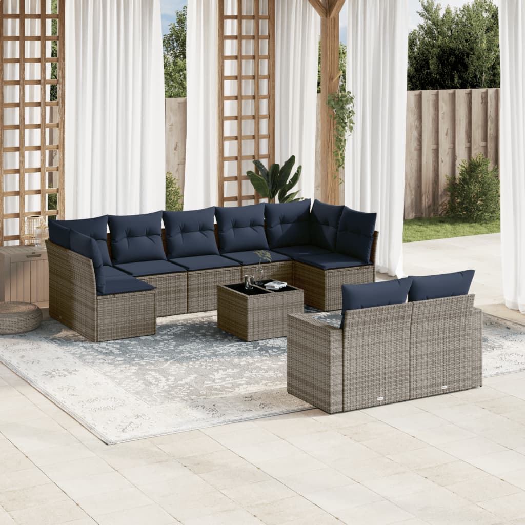 Set canapele de gradina cu perne, 10 piese, gri, poliratan — imaginea 2