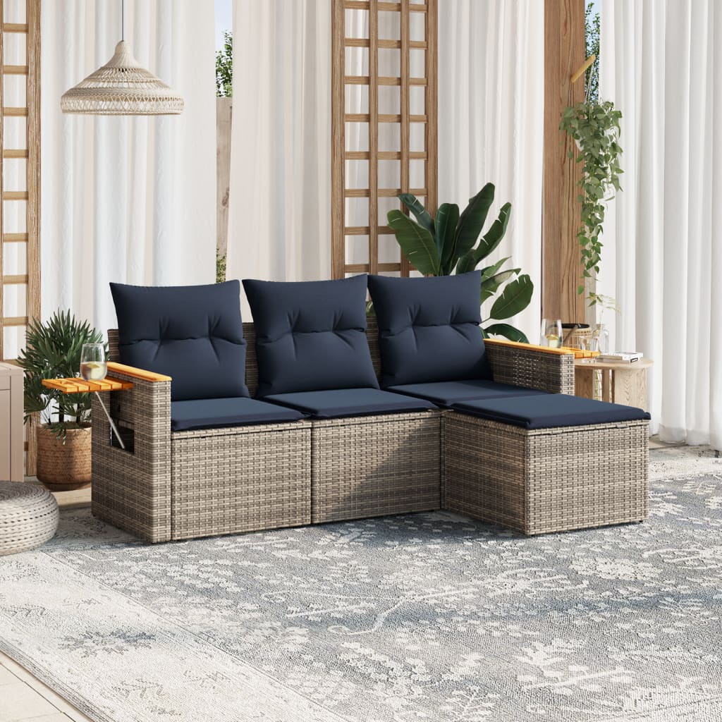 Set canapea de gradina cu perne, 4 piese, gri, poliratan — imaginea 2