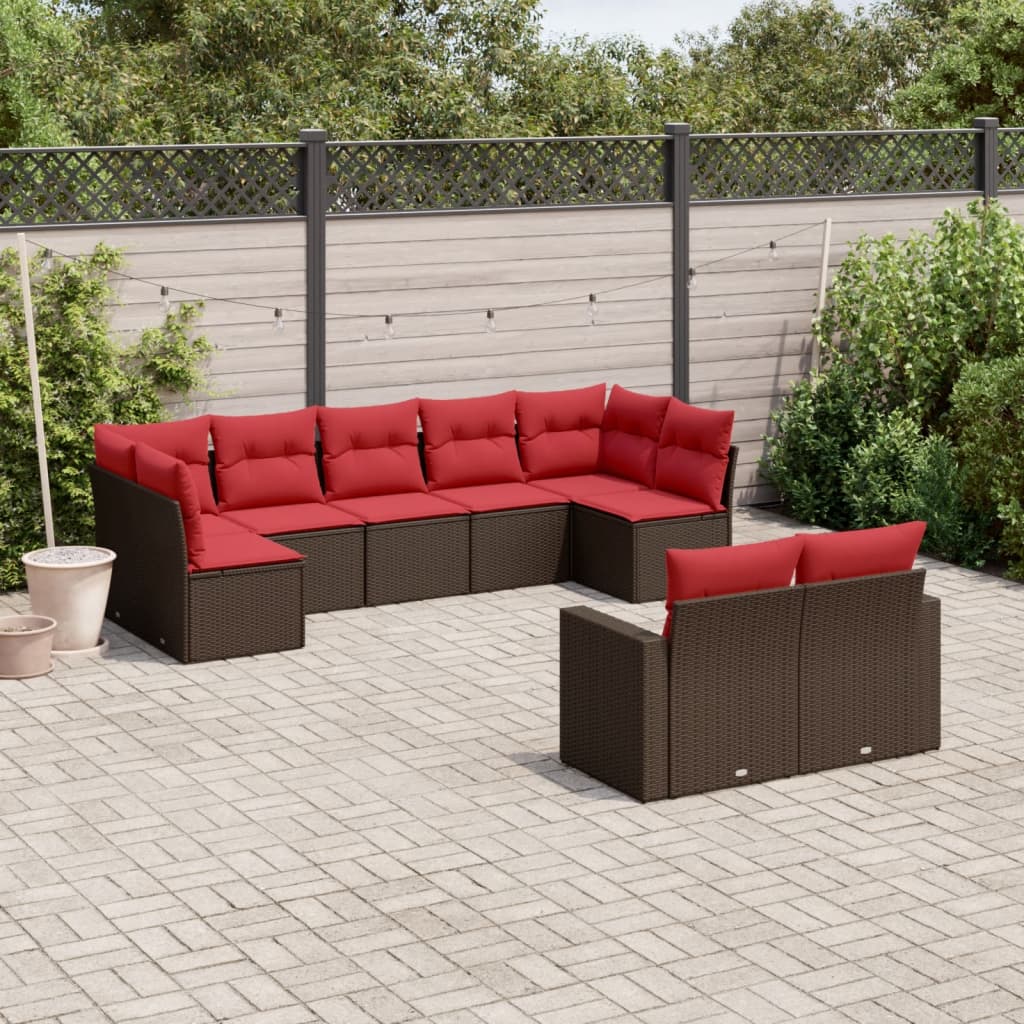 Set canapele de gradina cu perne, 9 piese, maro, poliratan — imaginea 2