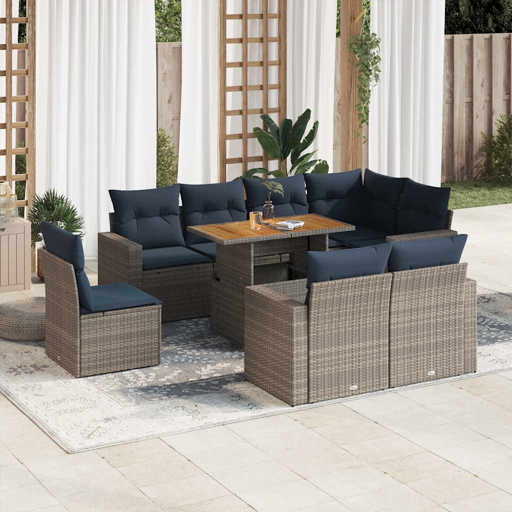 Set canapele de gradina, 9 piese, cu perne, gri, poliratan — imaginea 2