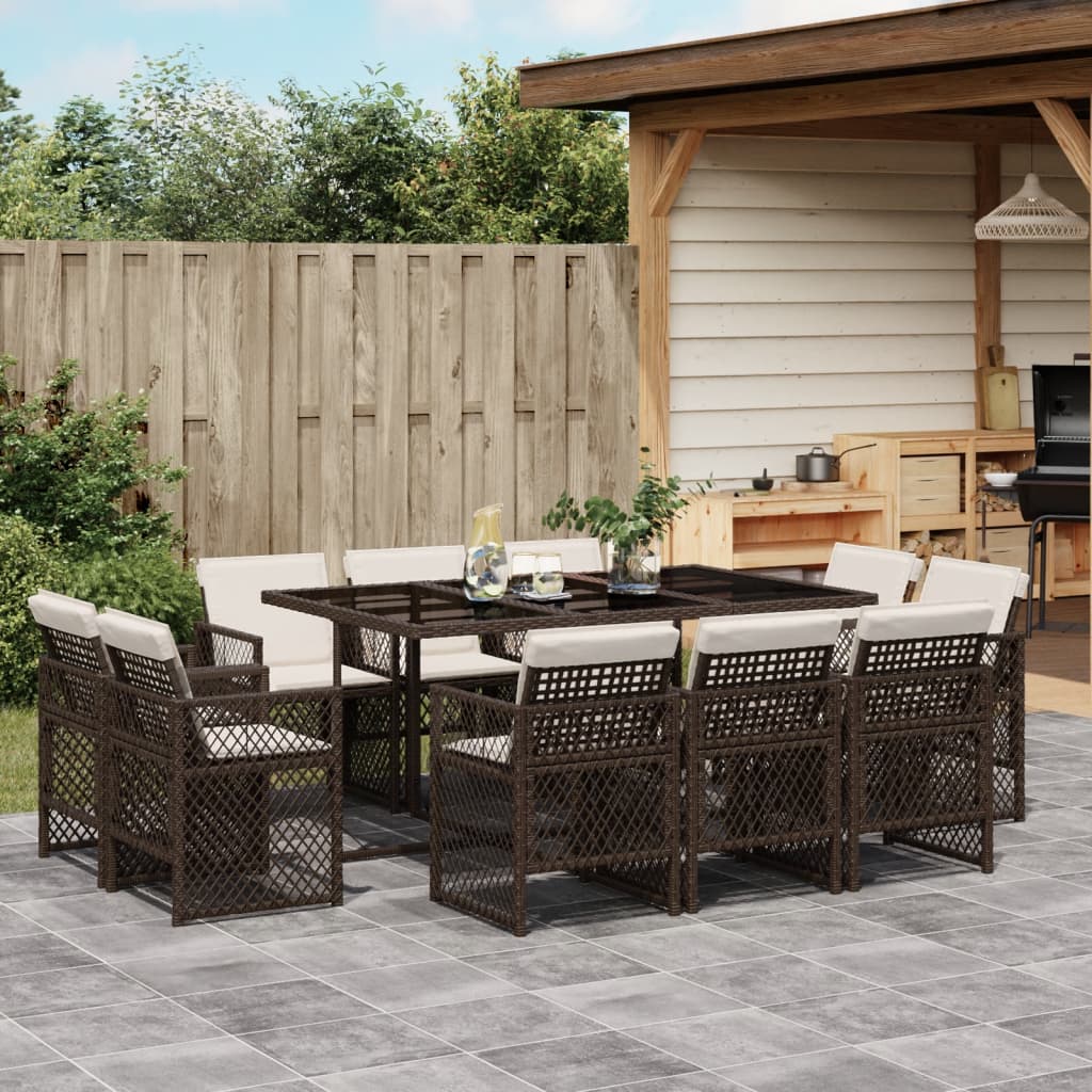 Set mobilier de gradina cu perne, 11 piese, maro, poliratan — imaginea 2