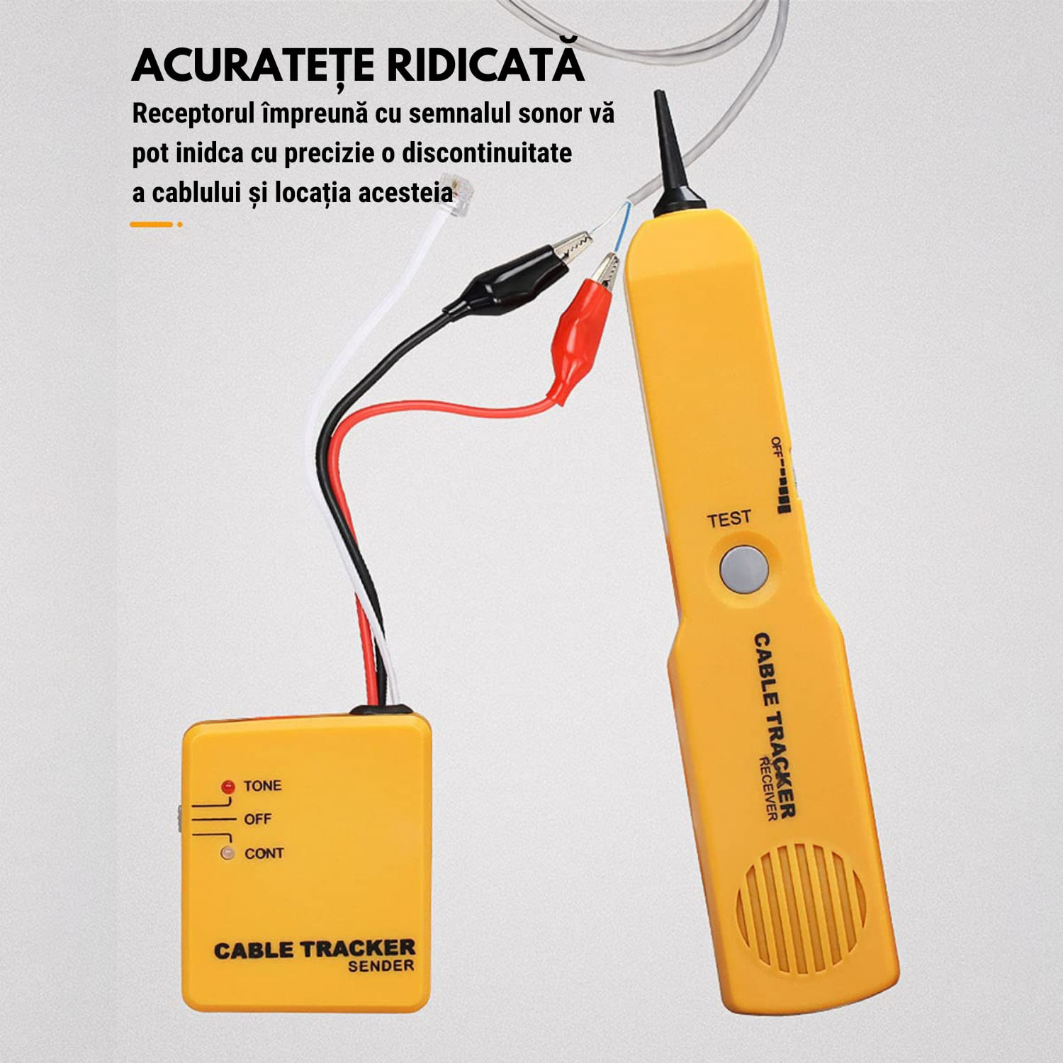 Tester continuitate cablu, Detector scurt circuit - intrerupt, Husa protectie si 2 baterii 9V incluse, Galben