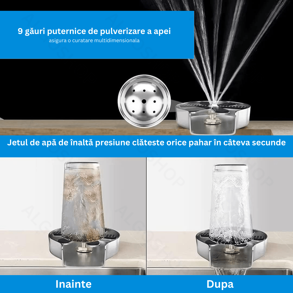 Dispozitiv pentru clatire pahare, Kit spalare rapida sub jet presiune apa, Rinser cu 9 orificii de pulverizare Otel inox - imagine 2
