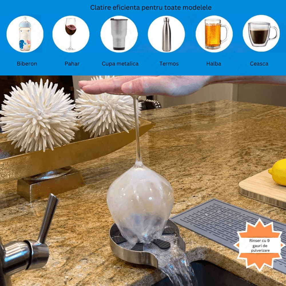 Dispozitiv pentru clatire pahare, Kit spalare rapida sub jet presiune apa, Rinser cu 9 orificii de pulverizare Otel inox - imagine 6