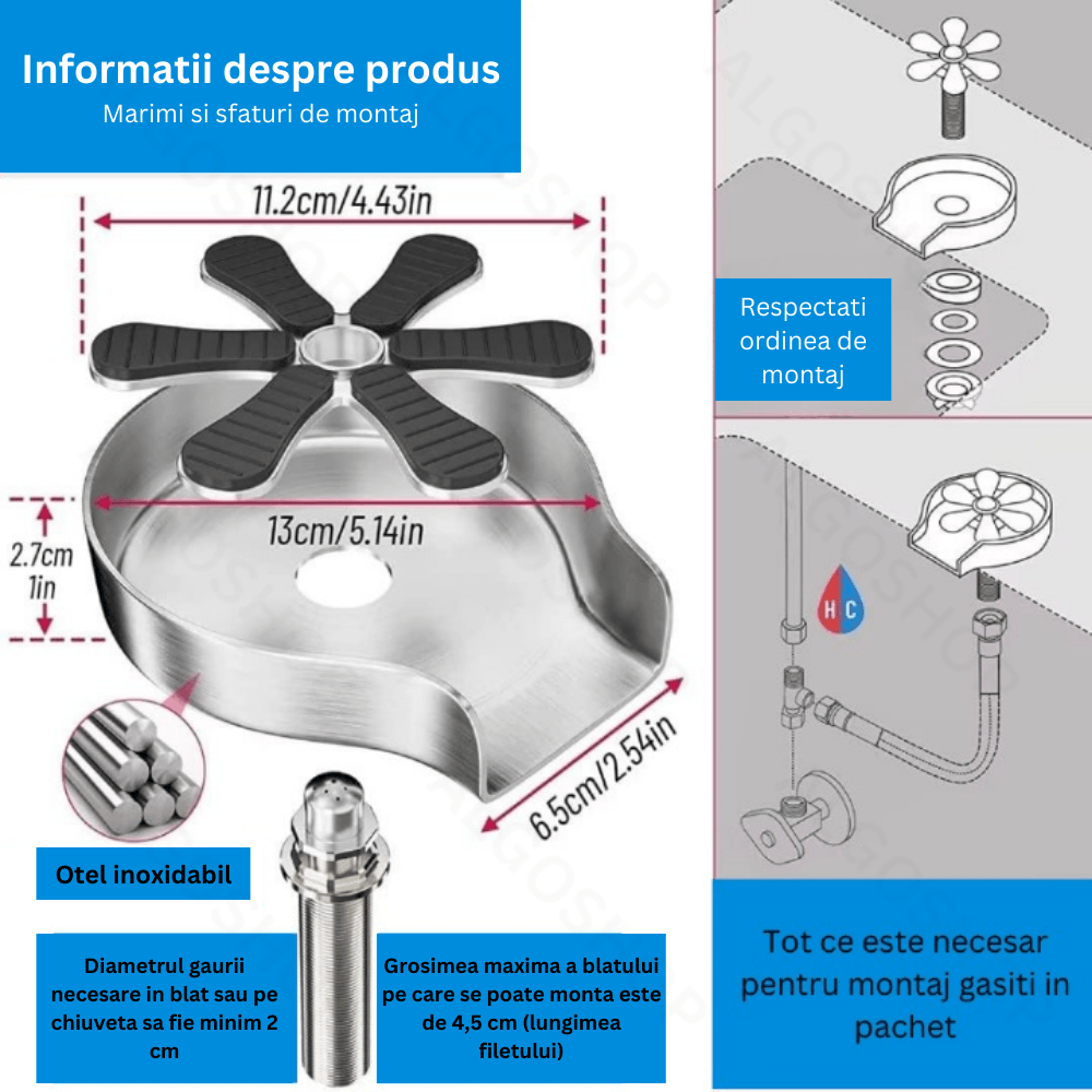 Dispozitiv pentru clatire pahare, Kit spalare rapida sub jet presiune apa, Rinser cu 9 orificii de pulverizare Otel inox - imagine 7