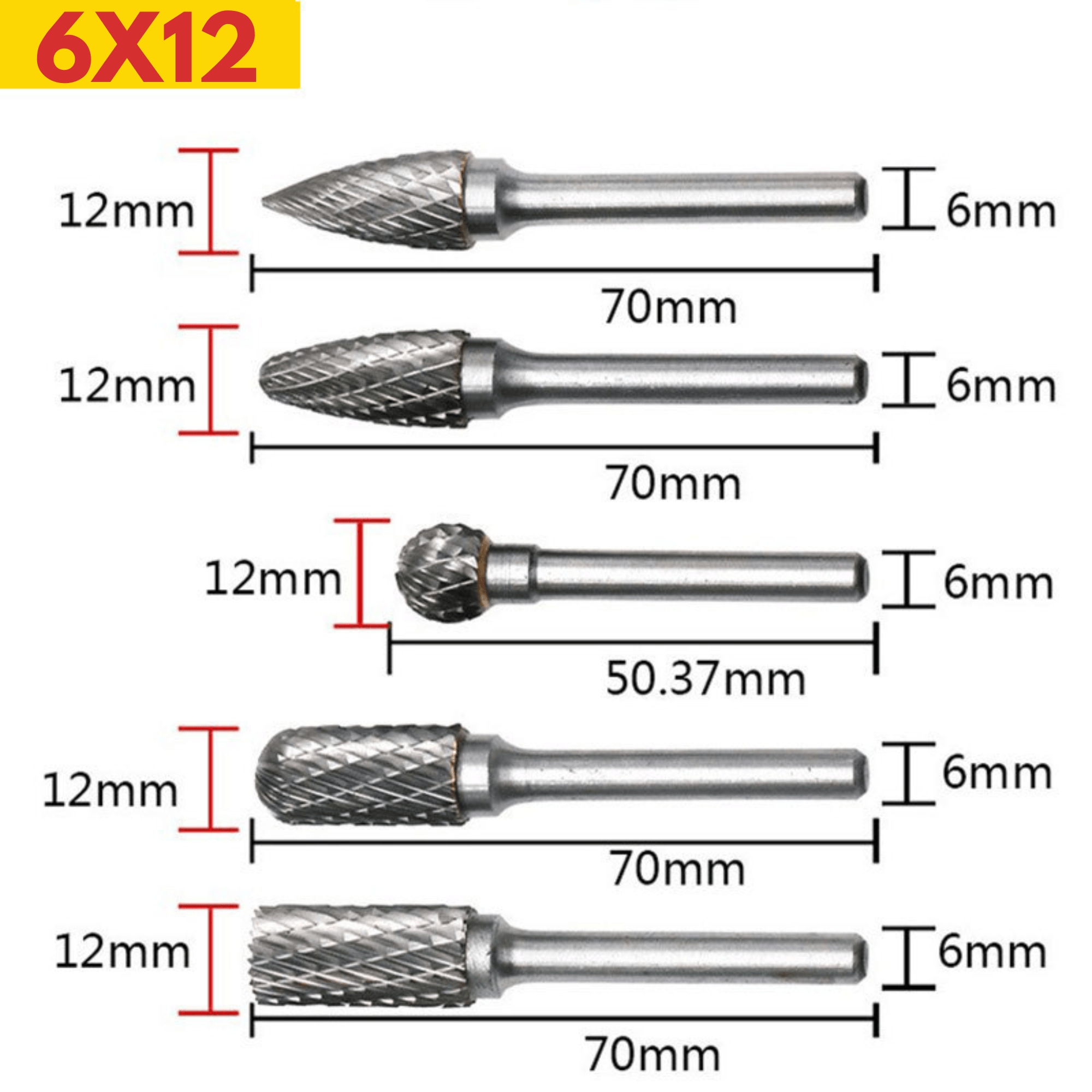 Trusa 5 Freze Biax de Carbura din Otel Tungsten pentru Metal, Lemn si altele, Diamentru Varf 12 mm si Tija Prindere 6 mm - imagine 3