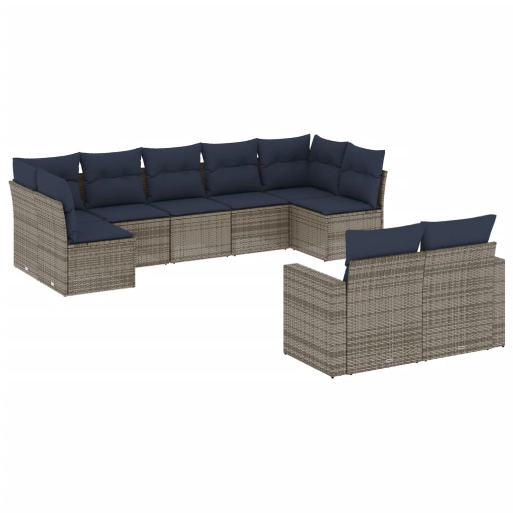 Set canapele de gradina, 9 piese, cu perne, gri, poliratan