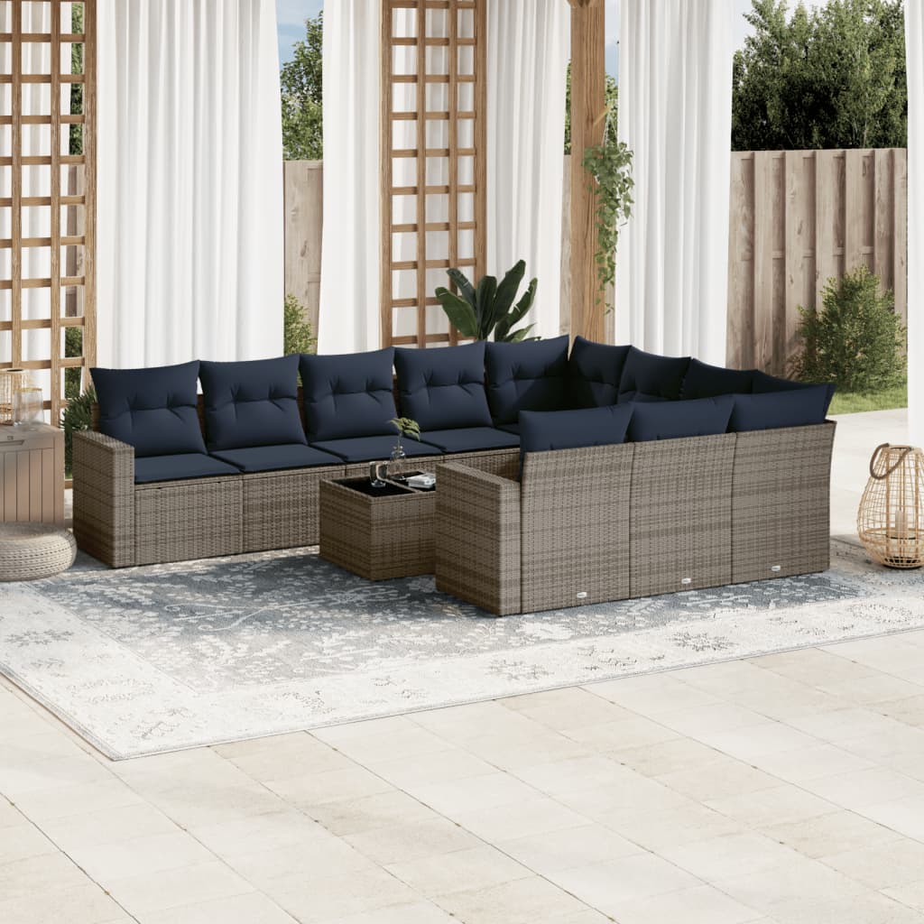 Set canapele de gradina cu perne, 11 piese, gri, poliratan — imaginea 2