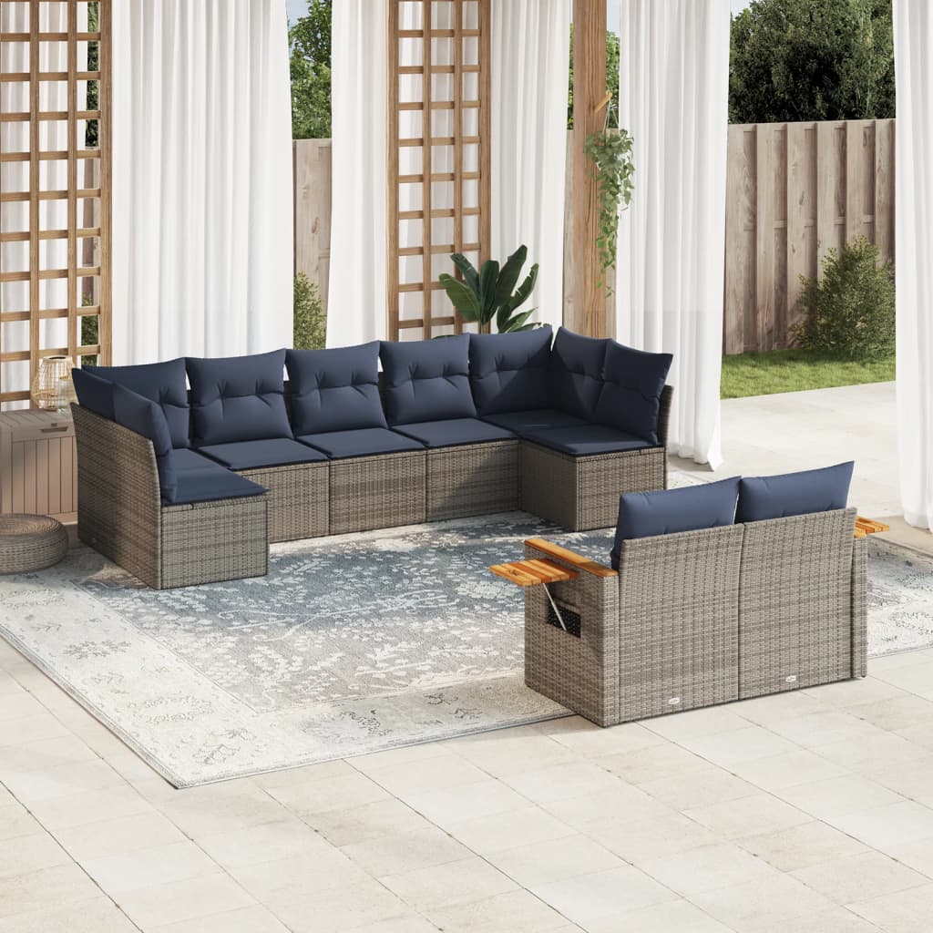 Set canapele de gradina, 9 piese, cu perne, gri, poliratan — imaginea 2