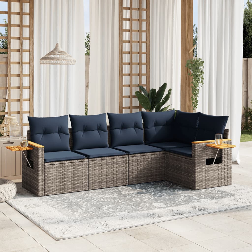 Set canapea de gradina cu perne, 5 piese, gri, poliratan — imaginea 2