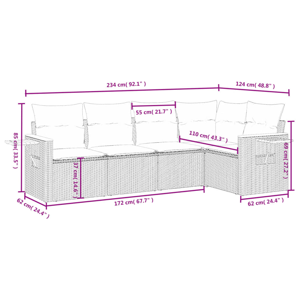 Set canapea de gradina cu perne, 5 piese, gri, poliratan — imaginea 8