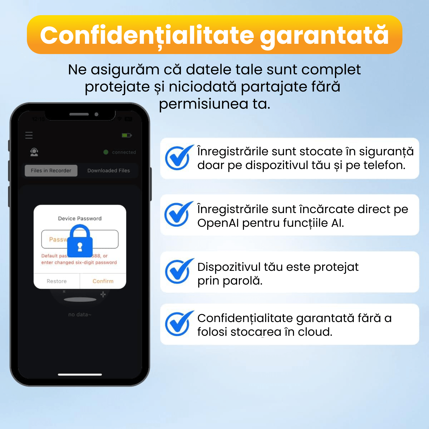 Reportofon inteligent AI 64 GB, ChatGPT transcriere automata si rezumate, suporta 100 de limbi