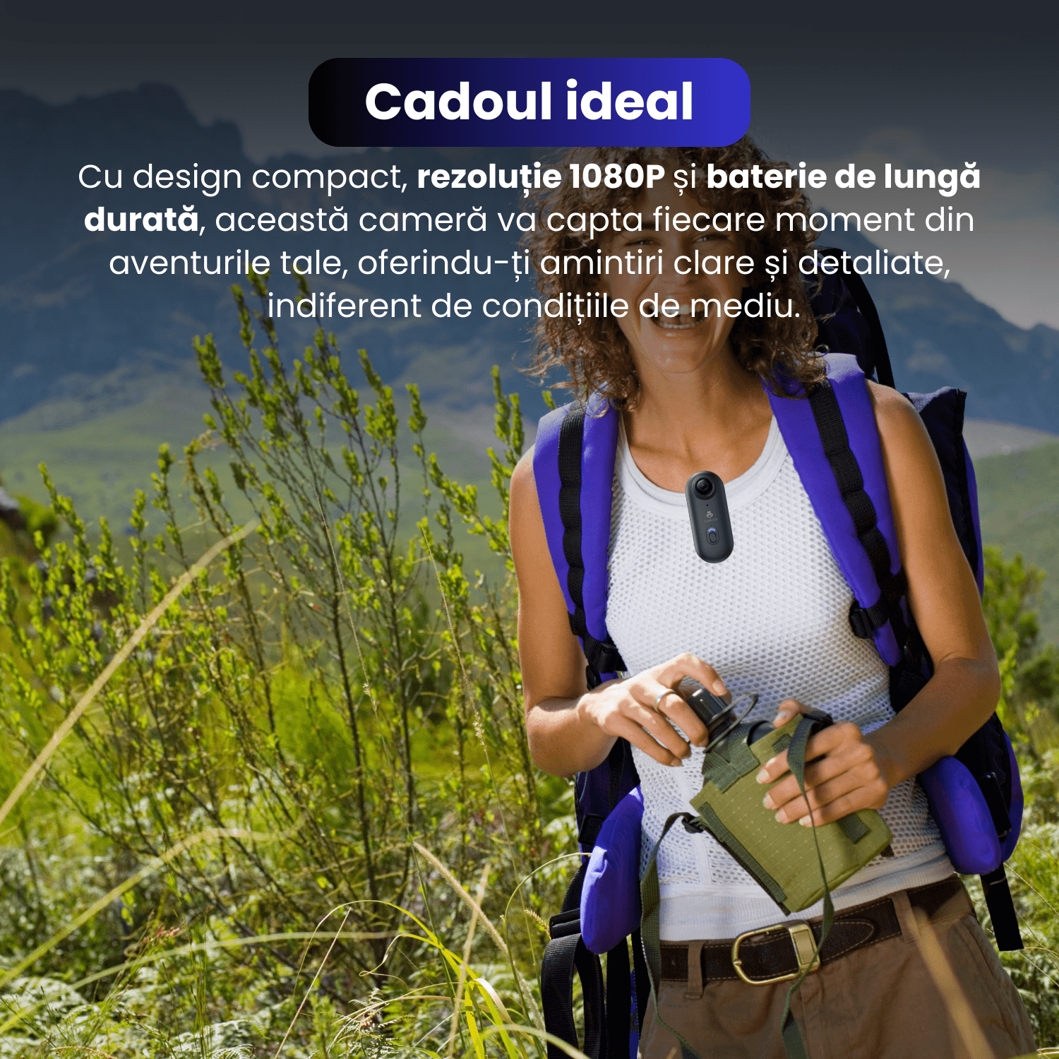 Mini camera de actiune, 1080P Full HD, baterie 800 mAh, autonomie 180 min inregistrare continua, pandativ magnetic