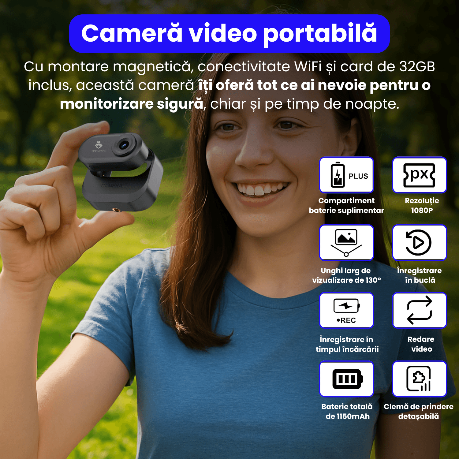 Mini camera video corporala 1080P cu viziune nocturna, body cam, clip rotativ 180°, montare magnetica, card microSD 32BG