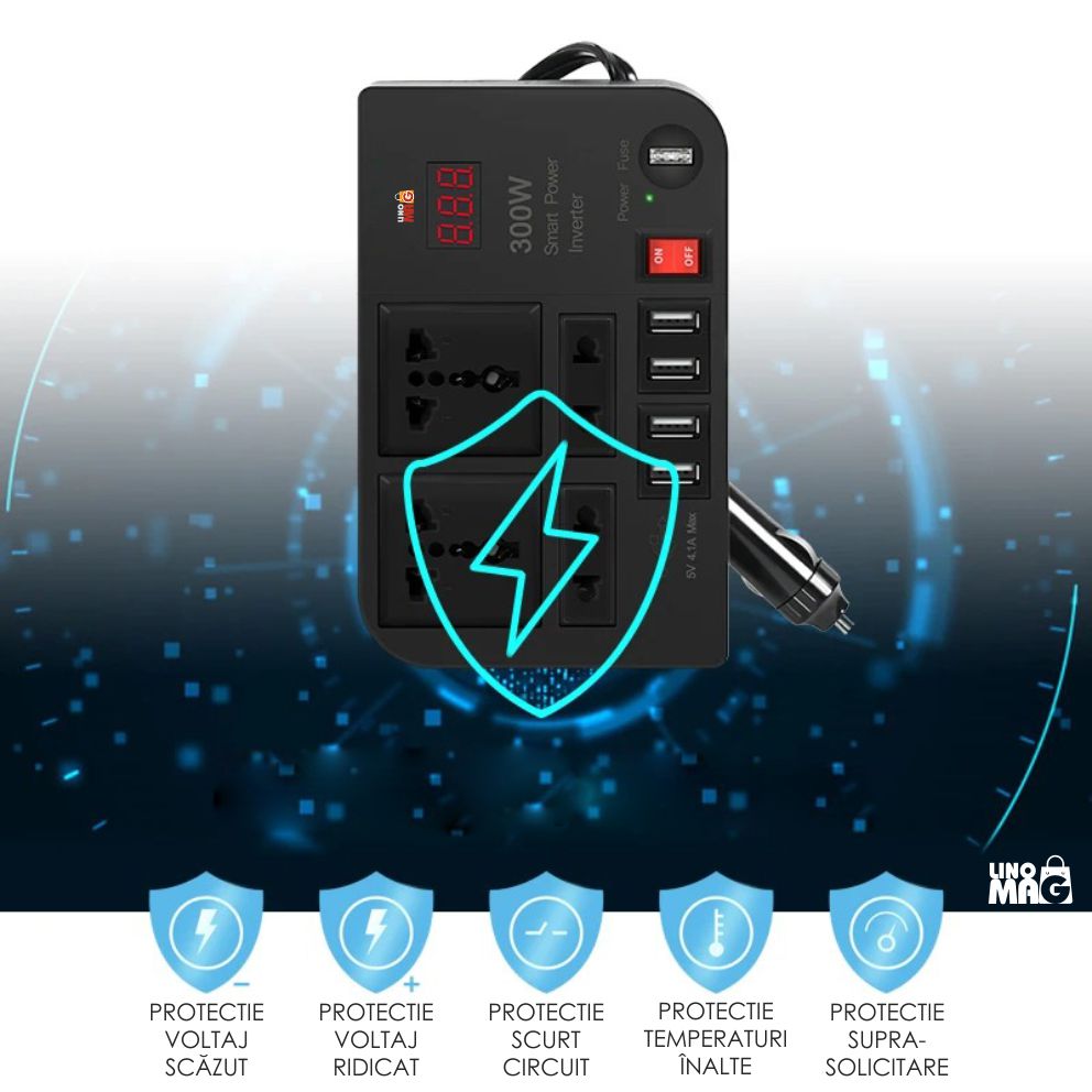 Invertor auto portabil Linomag® 300W, 12V-220V, afisaj digital, USB 4.1A, prize universale, protectie, Negru