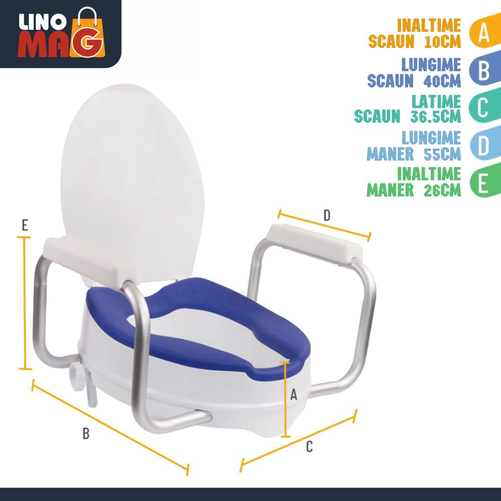 Inaltator WC cu capac si manere Linomag®, 10 cm, colac PU moale, prindere reglabila, Alb/Albastru Violet