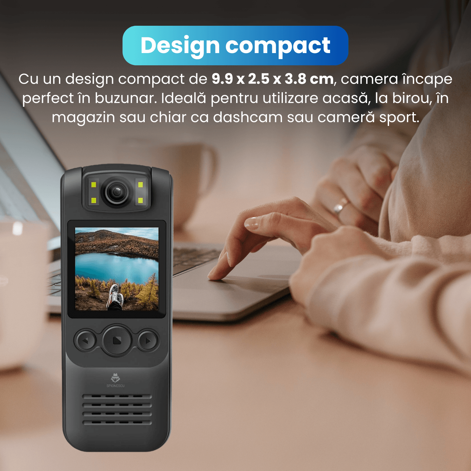 Camera video corporala, body cam 1080P, WiFi HotSpot, baterie 1300 mAh, unghi larg de 180°, lanterna integrata