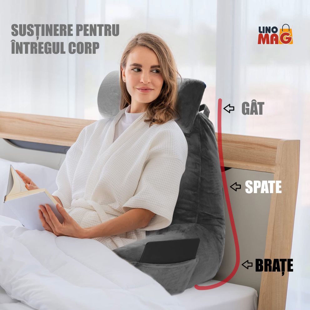 Perna pentru Citit cu Cotiere, Suport pentru Cap/Gat Detasabil, Linomag®, 2 x Buzunare Laterale, Gri, 91.5x75cm