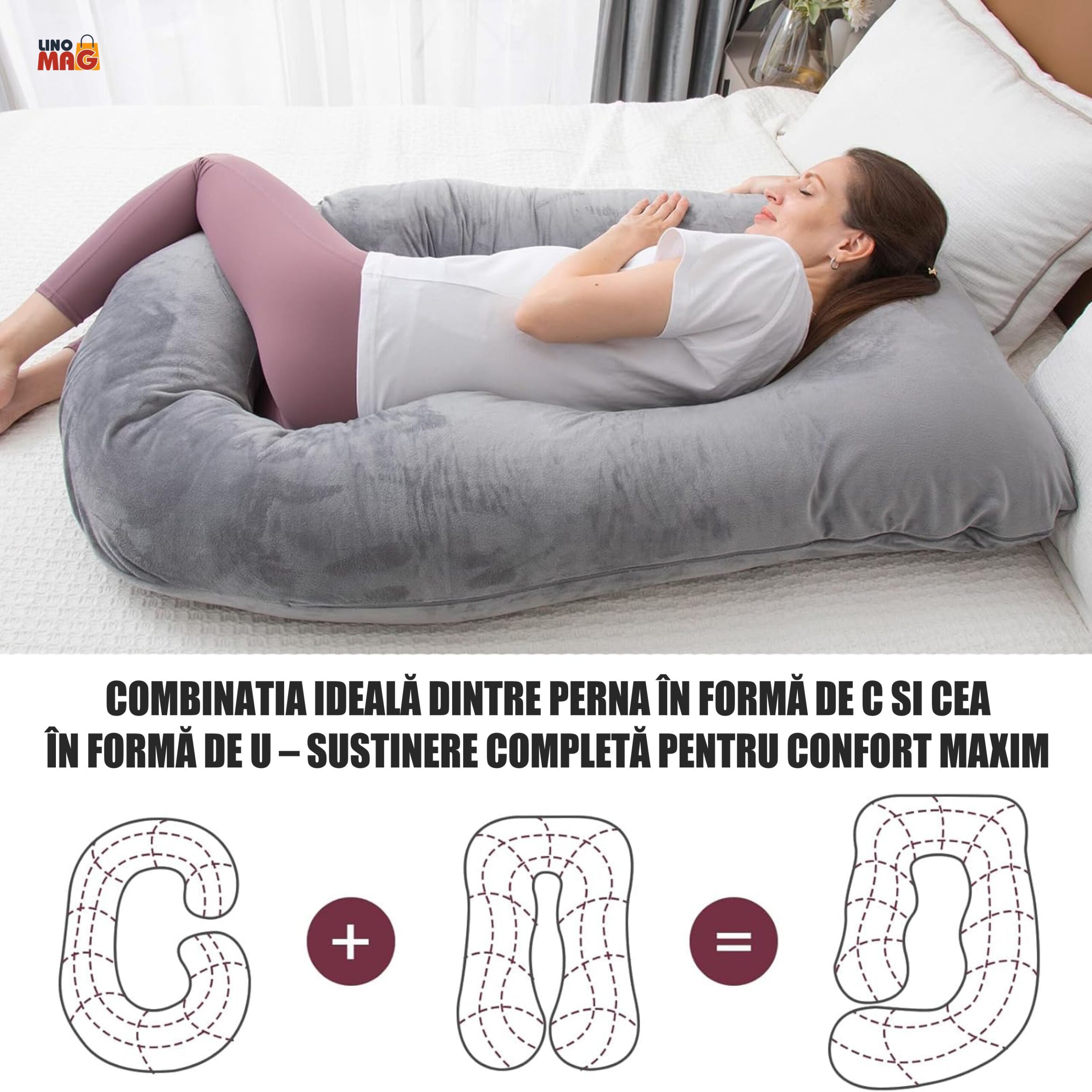 Perna Gravide si Alaptare 3 in 1 Linomag®, Multifunctionala, Sustinere pentru Burta, Spate, Bebelus, Gri - imagine 5