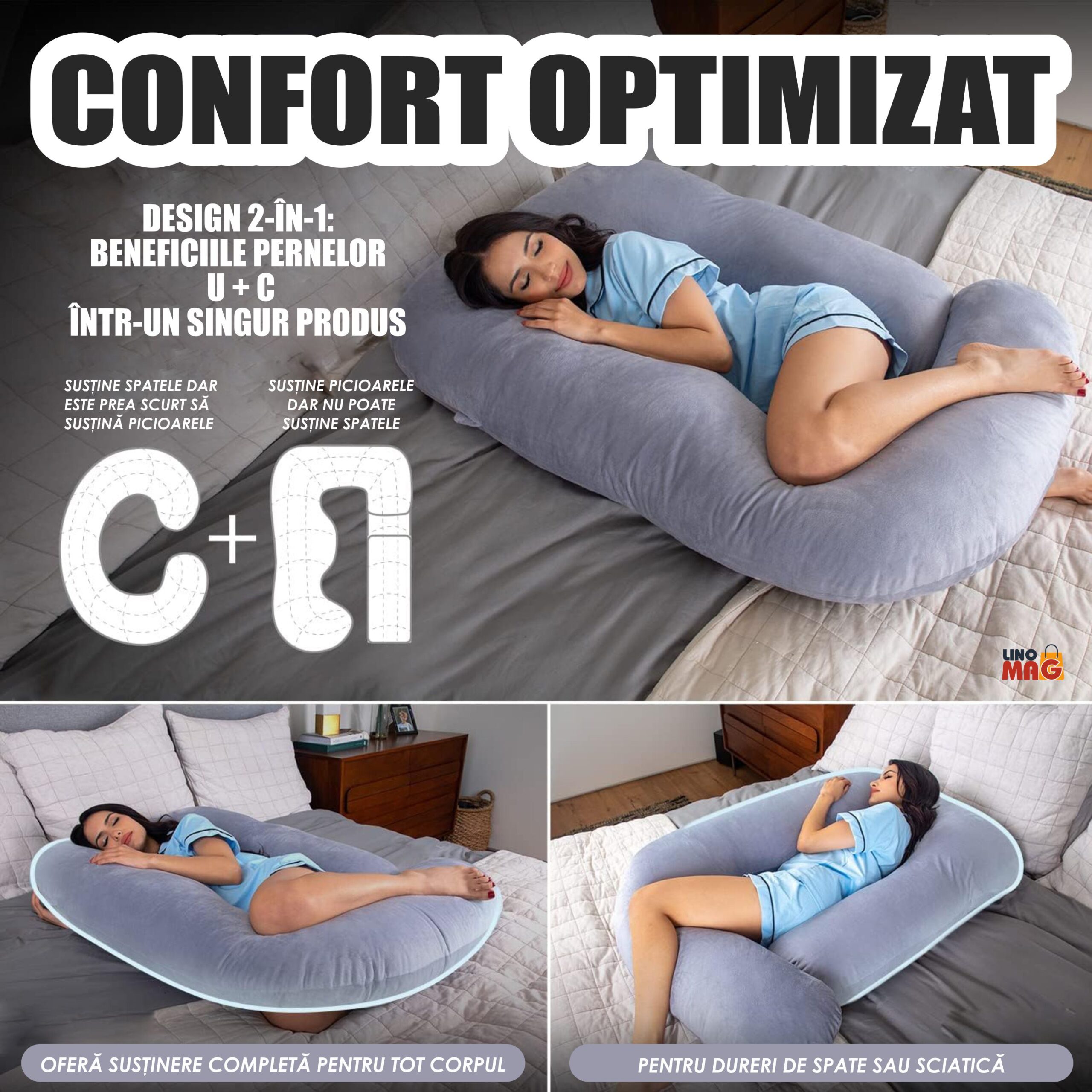 Perna Gravide si Alaptare 3 in 1 Linomag®, Multifunctionala, Sustinere pentru Burta, Spate, Bebelus, Gri - imagine 6