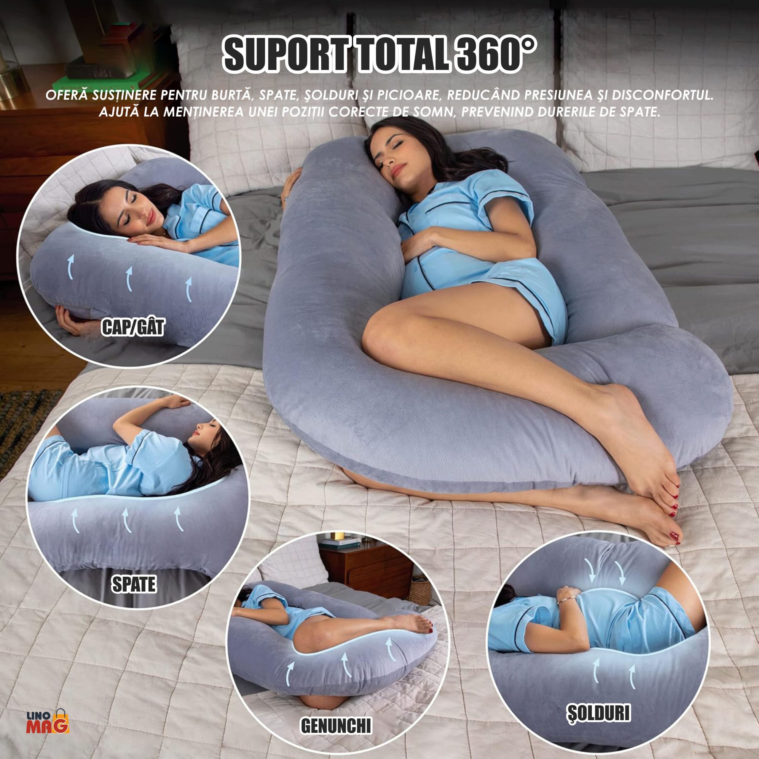 Perna Gravide si Alaptare 3 in 1 Linomag®, Multifunctionala, Sustinere pentru Burta, Spate, Bebelus, Gri - imagine 8