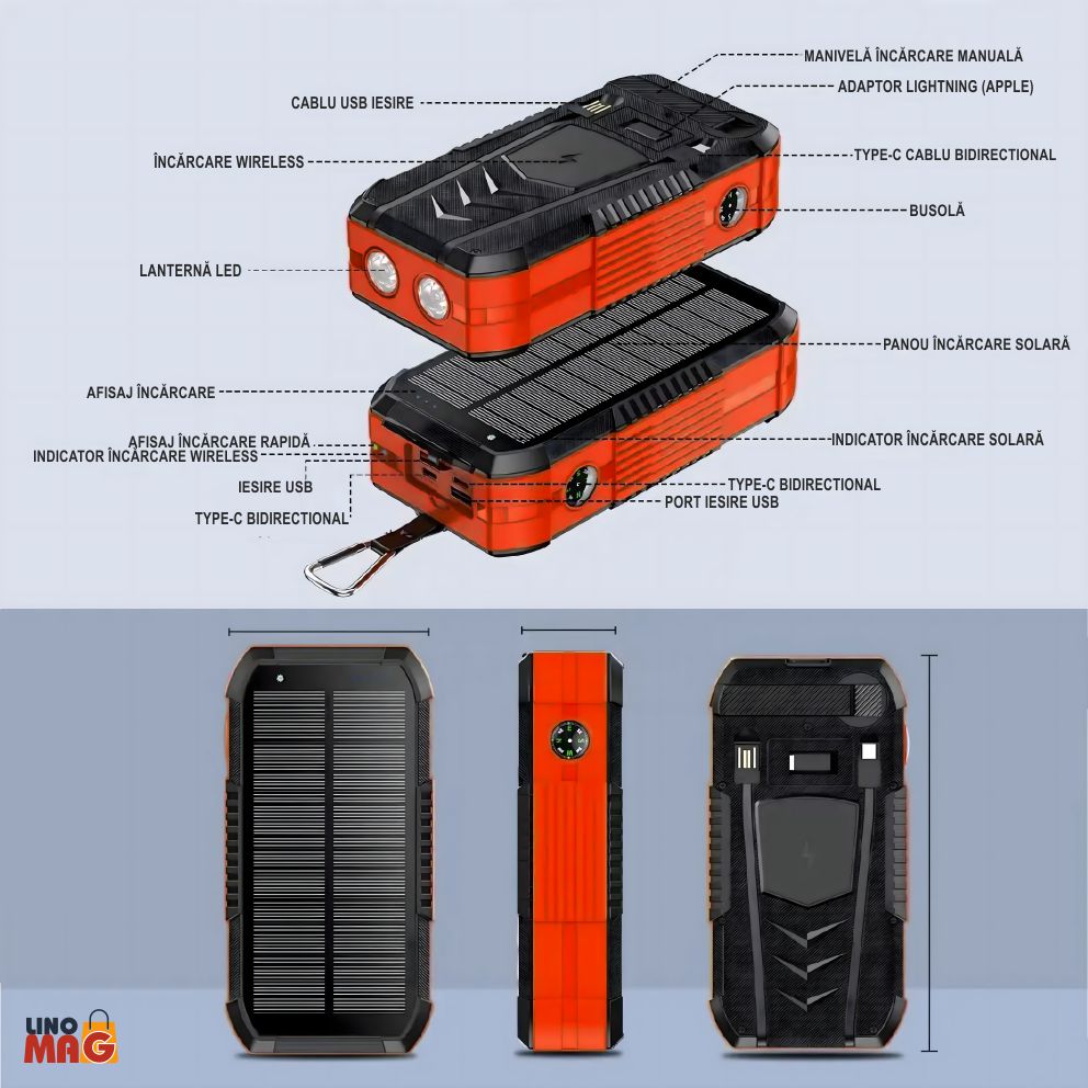 Baterie Externa Solara Linomag® 40000 mAh, 4 porturi, wireless, lanterna, busola, waterproof, Negru/Rosu