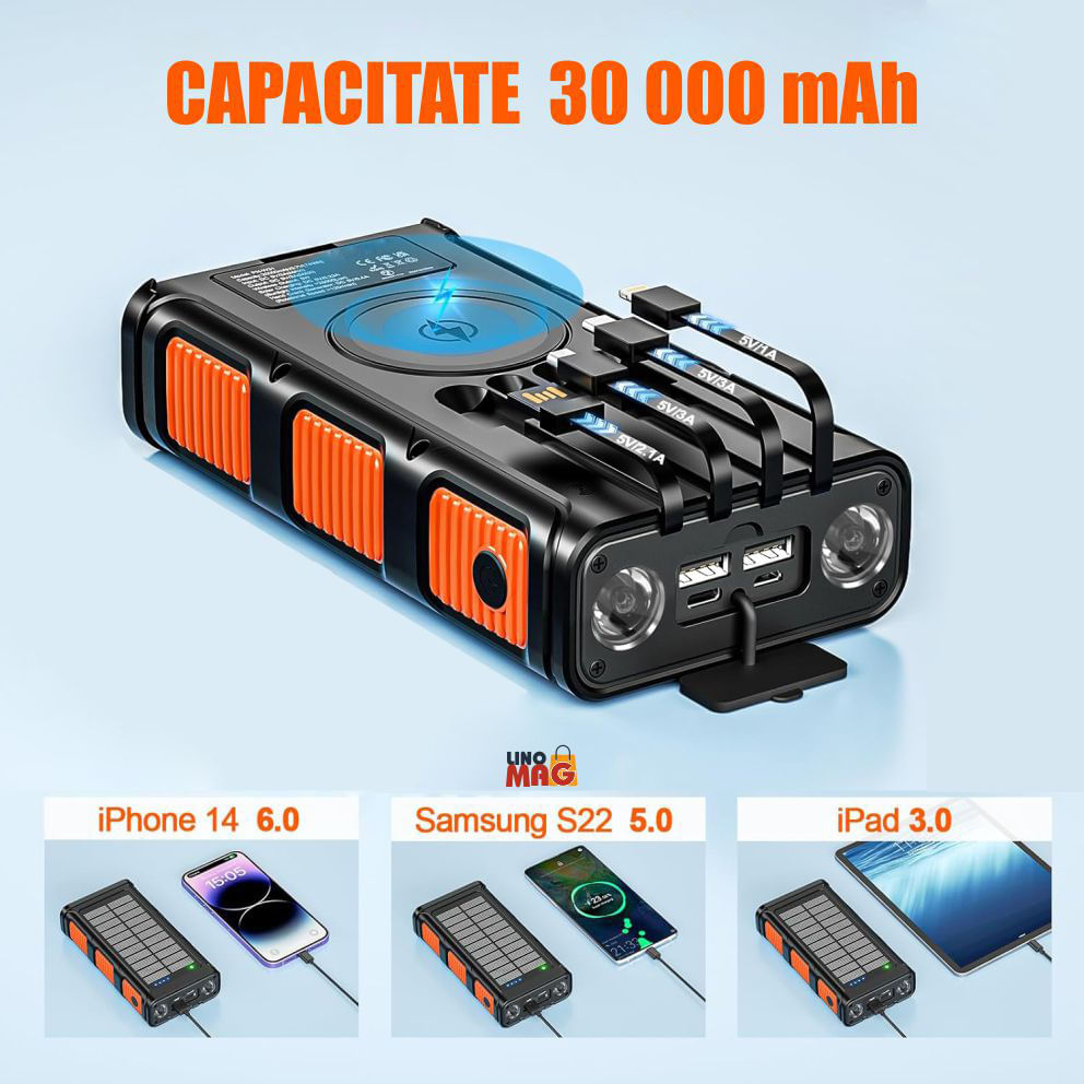 Baterie Externa Solara Linomag®, Power Bank 30000 mAh, 4 porturi, Wireless, Busola & Lanterna, Waterproof, Negru/Oranj