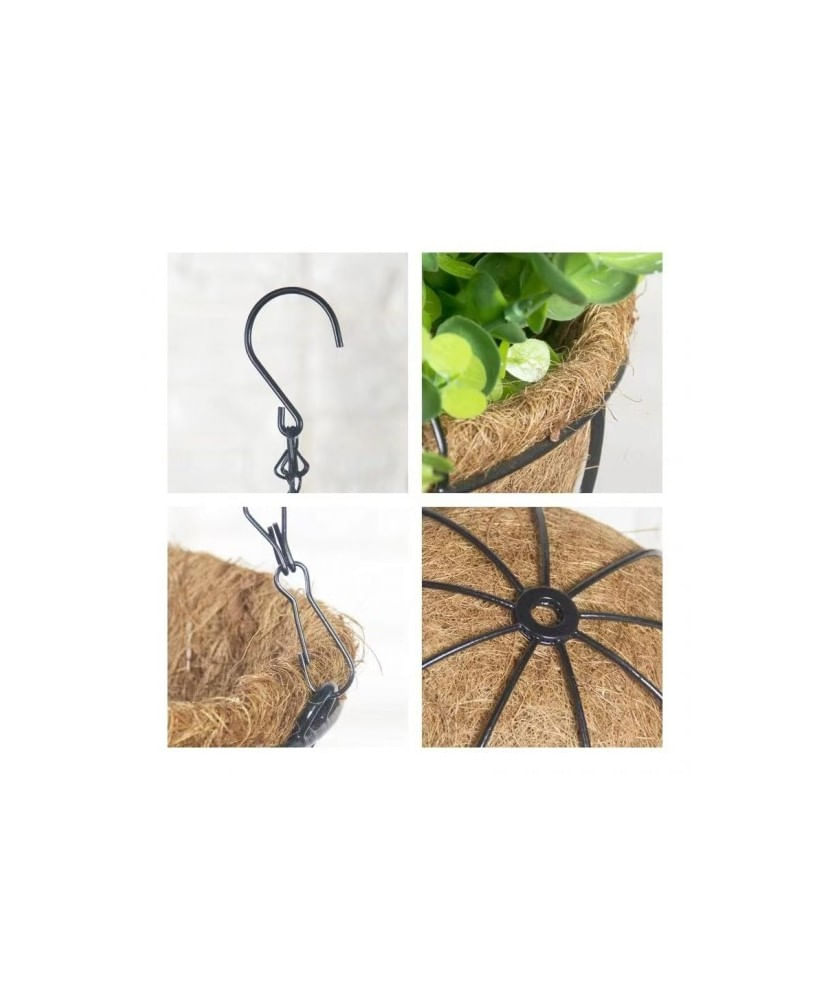 Cos suspendat pentru flori, maro, otel + fibra nuca de cocos, cu lant si carlig, 25cm — imaginea 2