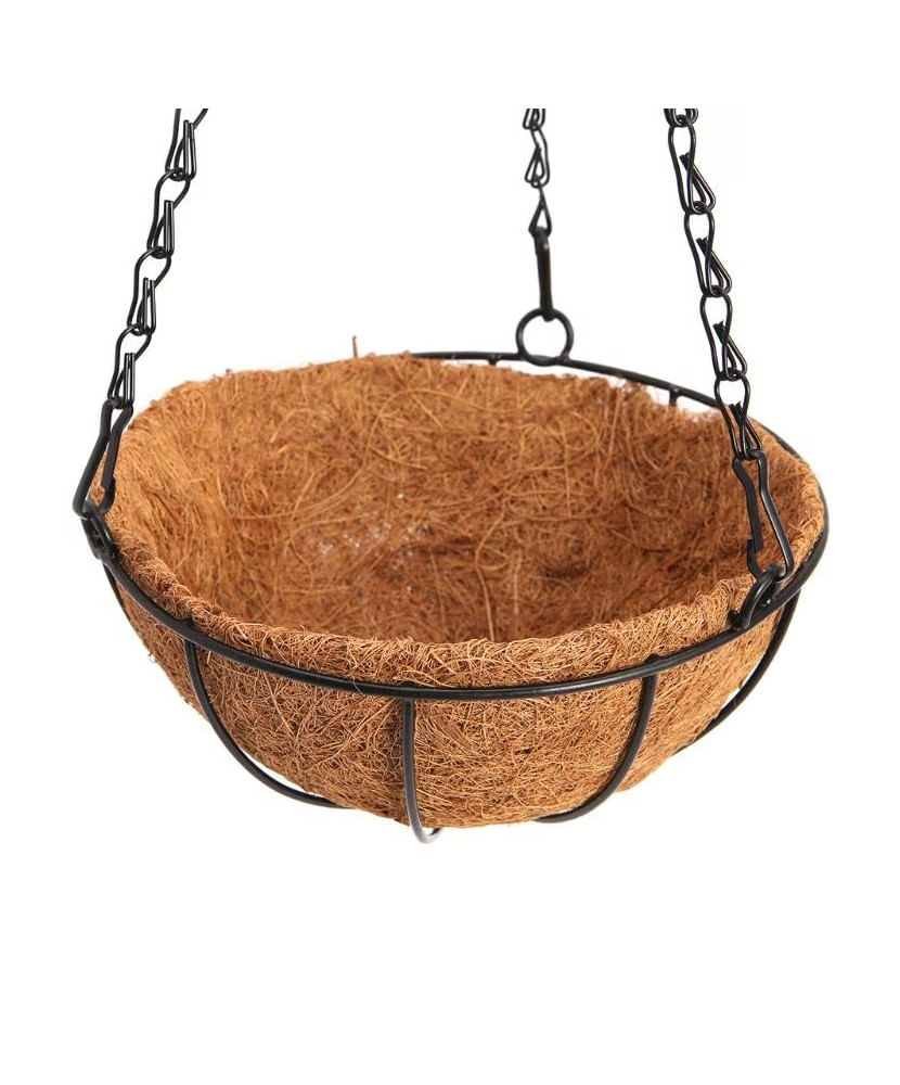 Cos suspendat pentru flori, maro, otel + fibra nuca de cocos, cu lant si carlig, 25cm — imaginea 3