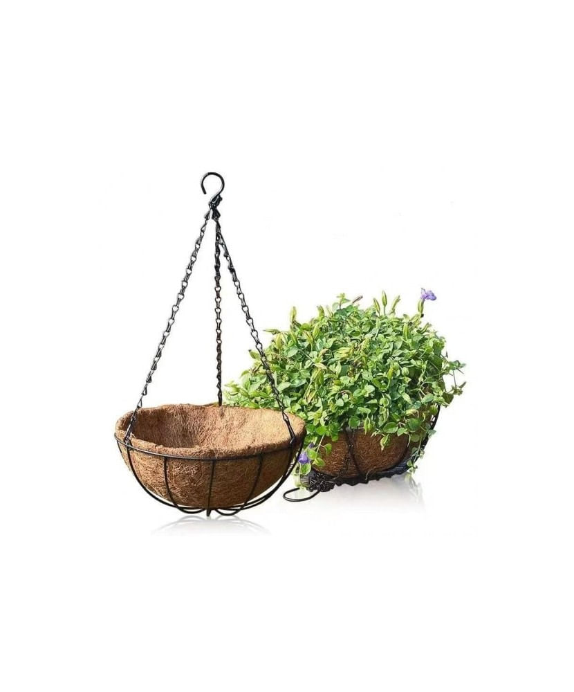 Cos suspendat pentru flori, maro, otel + fibra nuca de cocos, cu lant si carlig, 25cm — imaginea 4