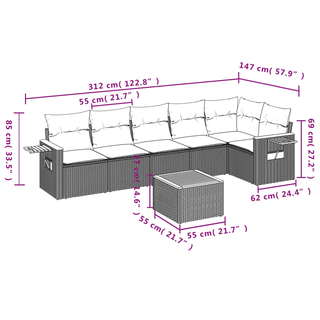 Set canapele de gradina cu perne, 7 piese, gri, poliratan — imaginea 9
