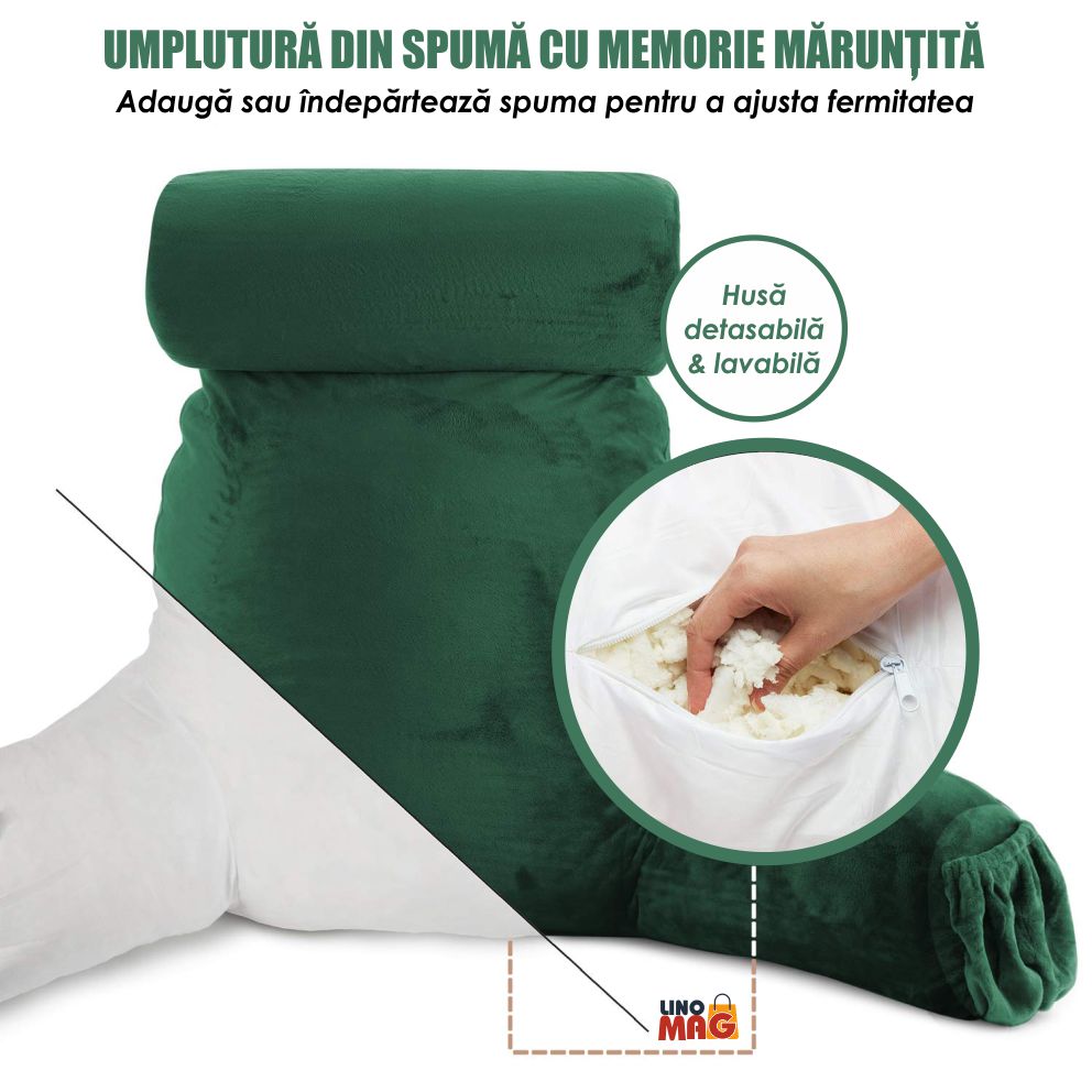 Perna pentru Citit cu Cotiere, Suport pentru Cap/Gat Detasabil, Linomag®, 2 x Buzunare Laterale, Verde, 91.5x75cm