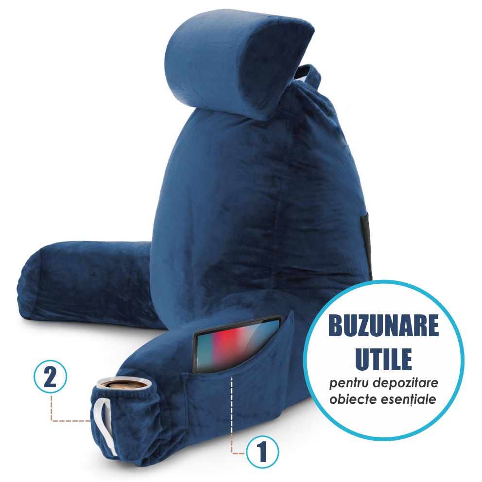 Perna pentru Citit cu Cotiere, Suport pentru Cap/Gat Detasabil, Linomag®, 2 x Buzunare Laterale, Albastru, 91.5x75cm