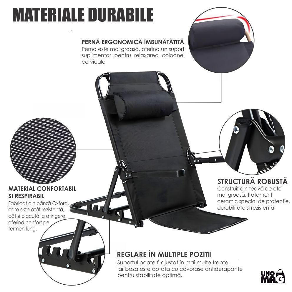 Suport spate pliabil Linomag®, 7 nivele inclinare, cotiere, perna ergonomica, portabil, Negru mat