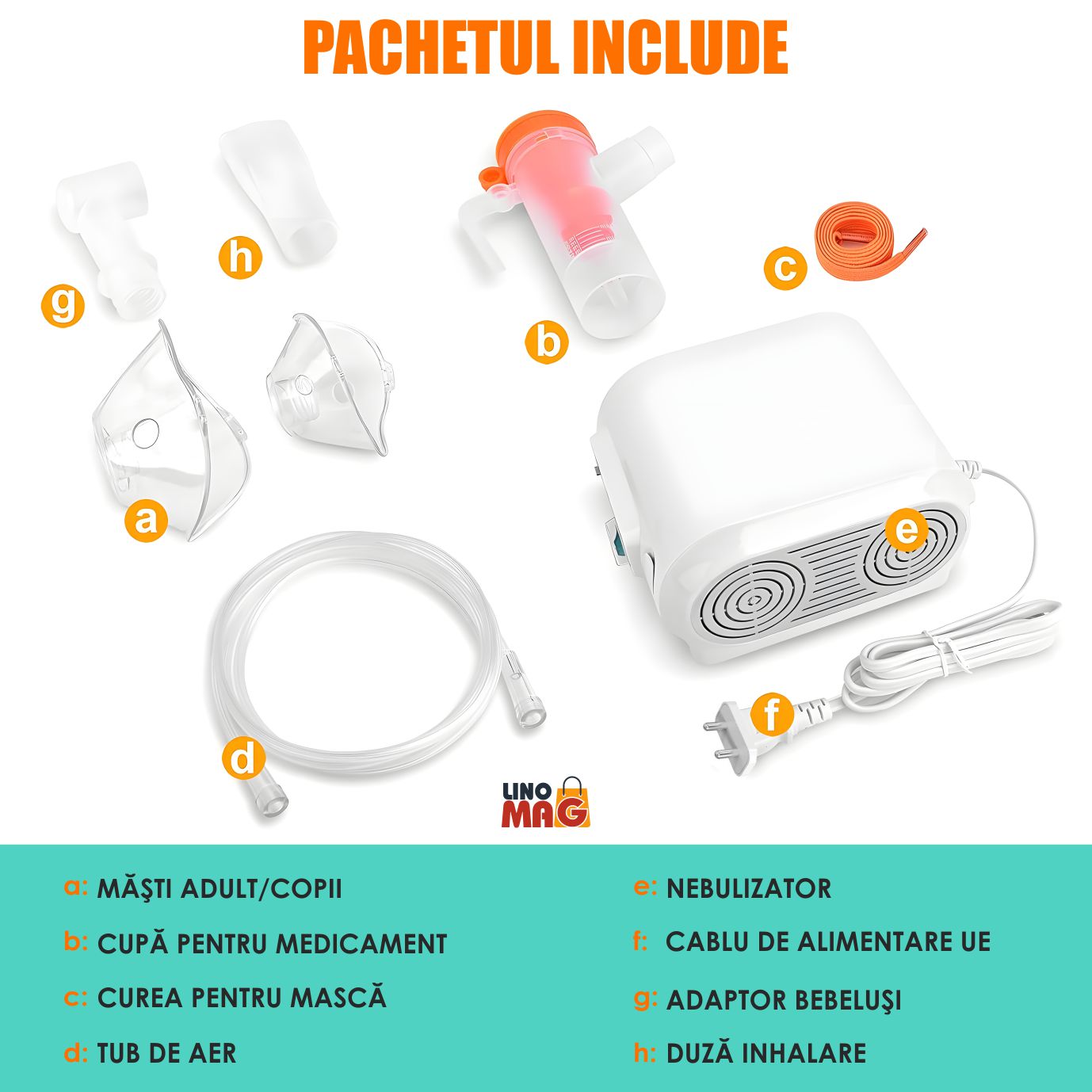 Aparat Aerosoli Profesional Linomag®, Masca Copii si Adulti, Adaptor Bebelusi, 3 Moduri de Nebulizare, , Silentios, Alb