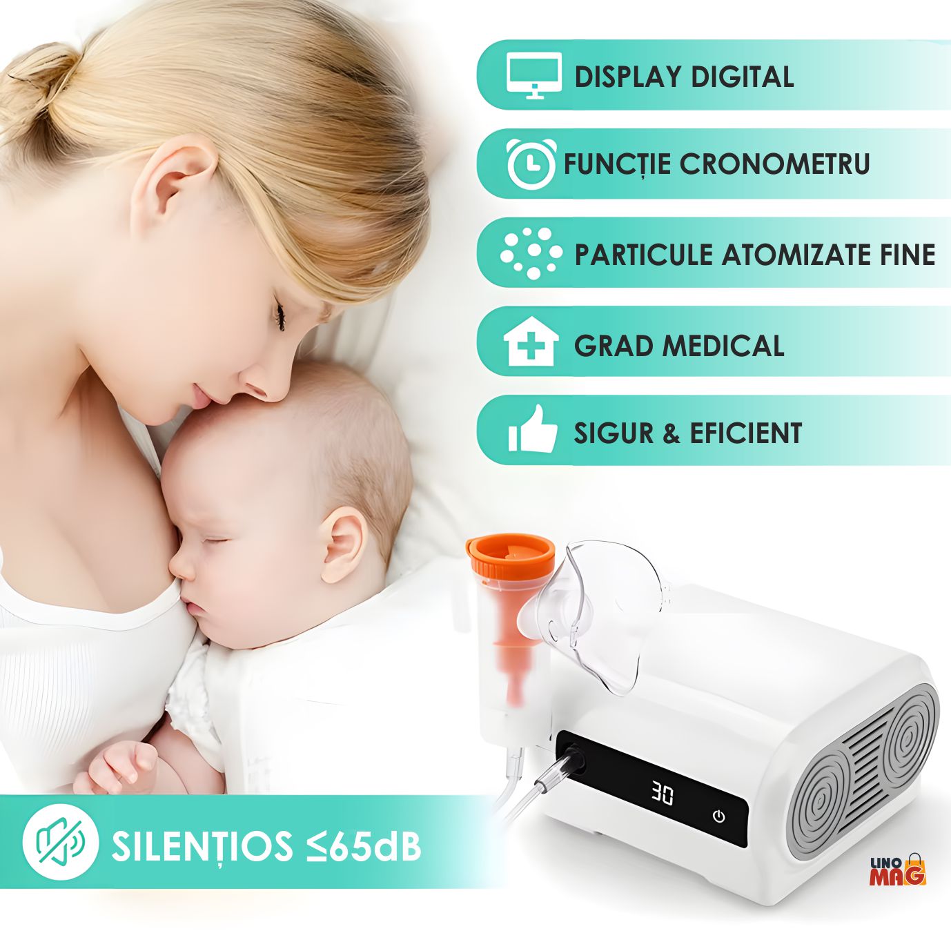 Aparat Aerosoli Profesional Linomag®, Masca Copii si Adulti, Adaptor Bebelusi, 3 Moduri de Nebulizare, , Silentios, Alb - 3 | YEO