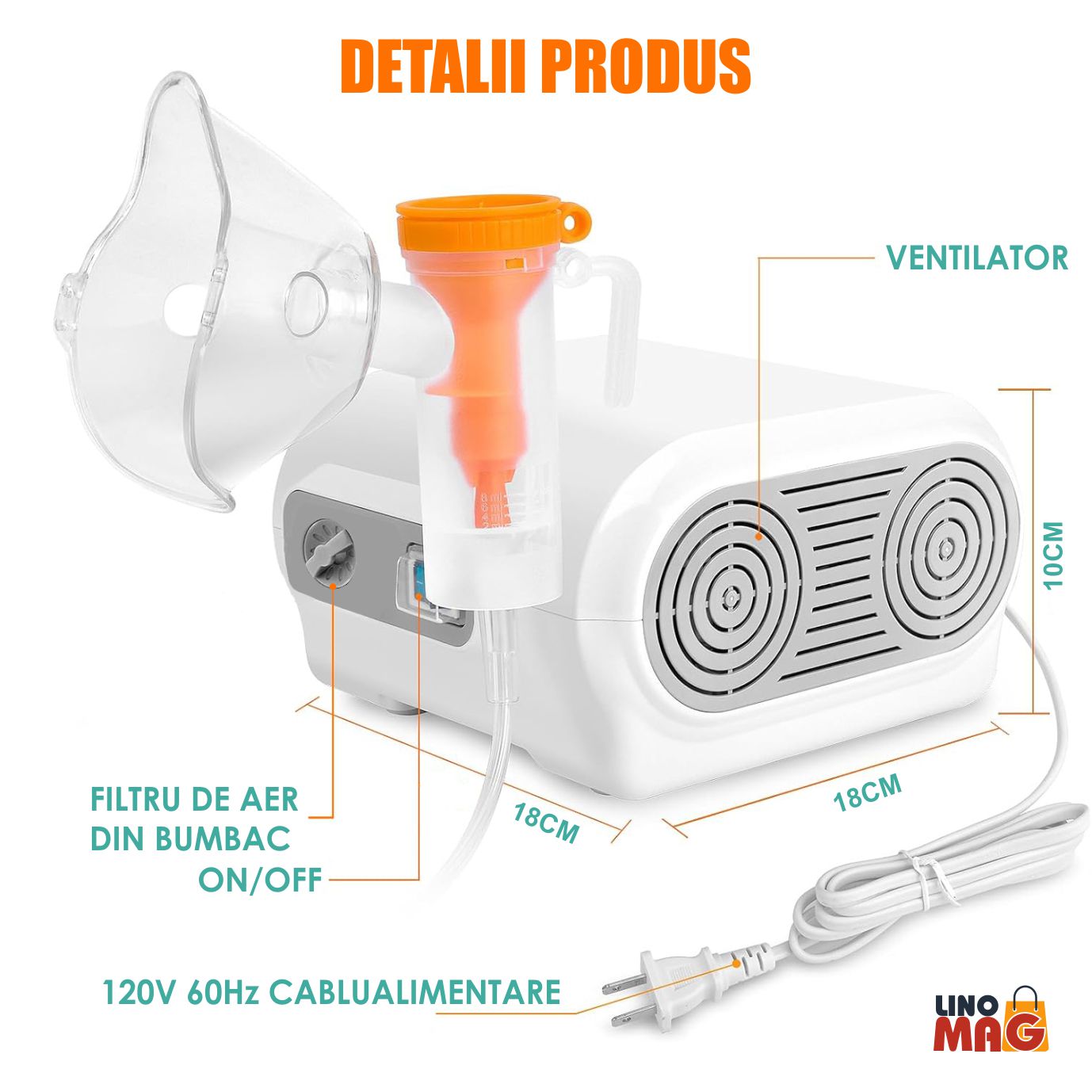 Aparat Aerosoli Profesional Linomag®, Masca Copii si Adulti, Adaptor Bebelusi, 3 Moduri de Nebulizare, , Silentios, Alb - imagine 5
