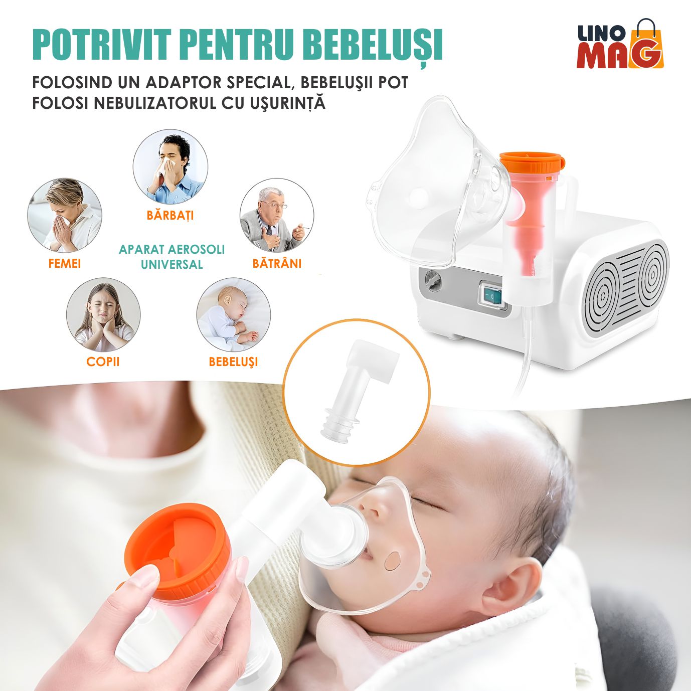 Aparat Aerosoli Profesional Linomag®, Masca Copii si Adulti, Adaptor Bebelusi, 3 Moduri de Nebulizare, , Silentios, Alb - imagine 8