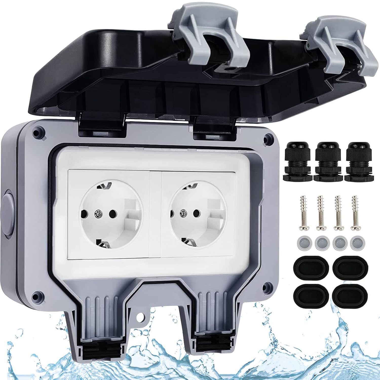Priza exterioara impermeabil IP66, dubla, pentru utilizare in exterior, 220V, 16A, ABS