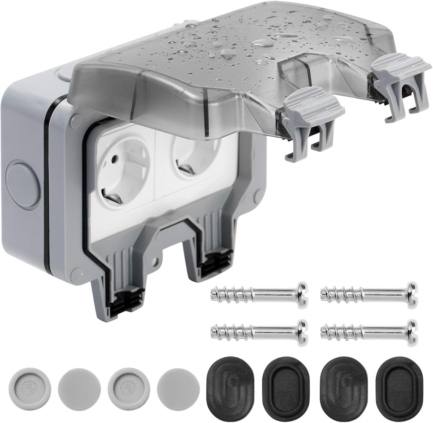 Priza dubla exterior, cu capac de protectie, pentru gradina/piscina/baie, IP66, Gri