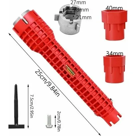 Cheie multifunctionala pentru instalatii sanitare, Plastic/Aluminiu, Rosu/Argintiu — imaginea 3