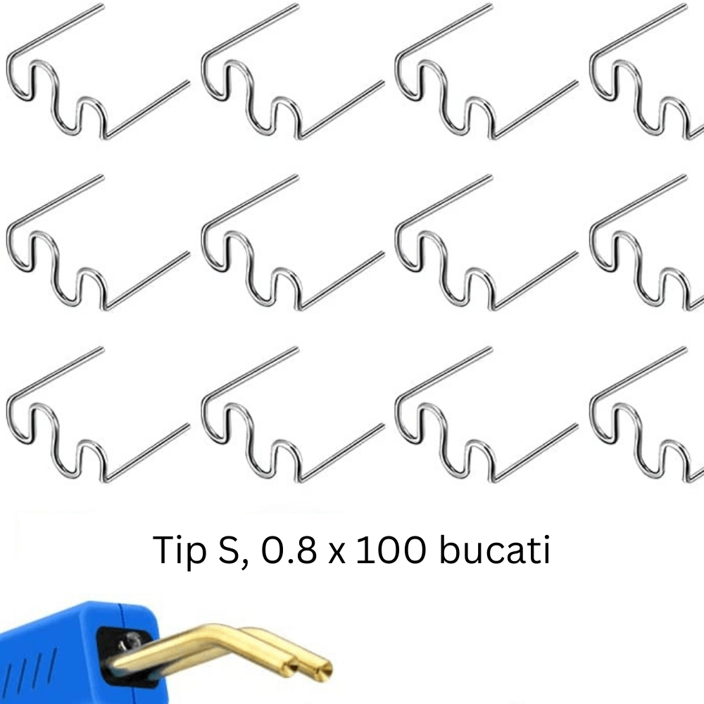 Set 100 Capse Pentru Pistol de Lipit, Reparat si Sudat Plastic, Cleme Model Tip S, 0.8mm, argintiu perlat - imagine 2