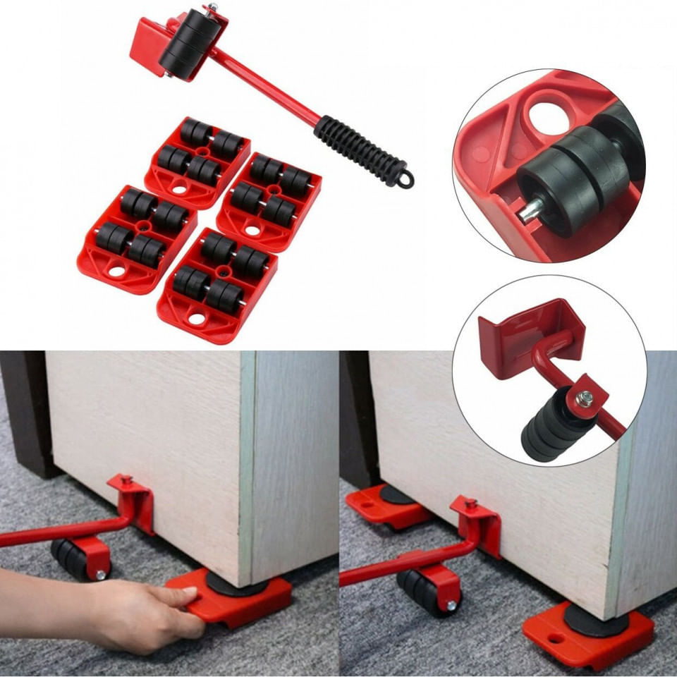 Set pentru transportat si ridicat mobila, 4 piese cu roti, o parghie cu roti, max 150 kg — imaginea 2