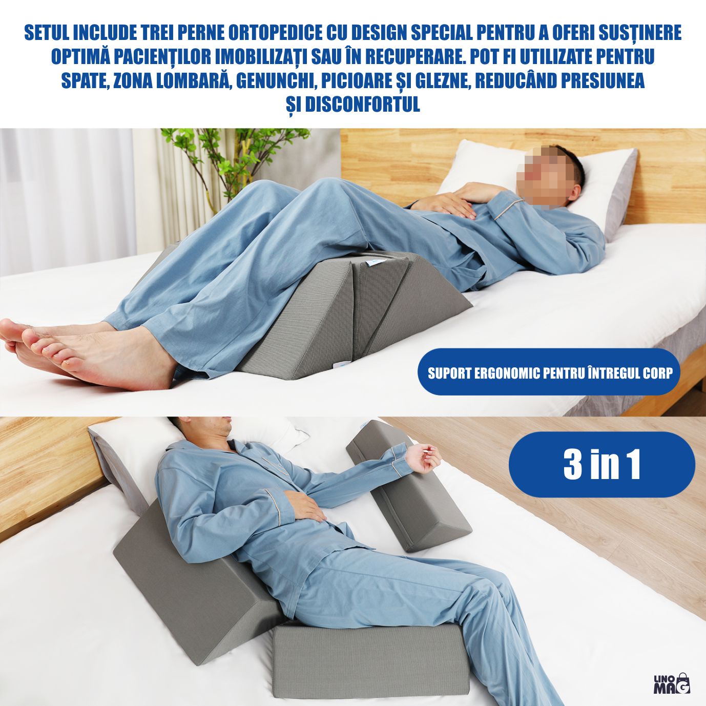 Set 3 Perne Ortopedice Triunghiulare, Linomag®, Multifunctionale, Pentru Alinarea Durerilor de Spate,Post-Operatoriu Gri