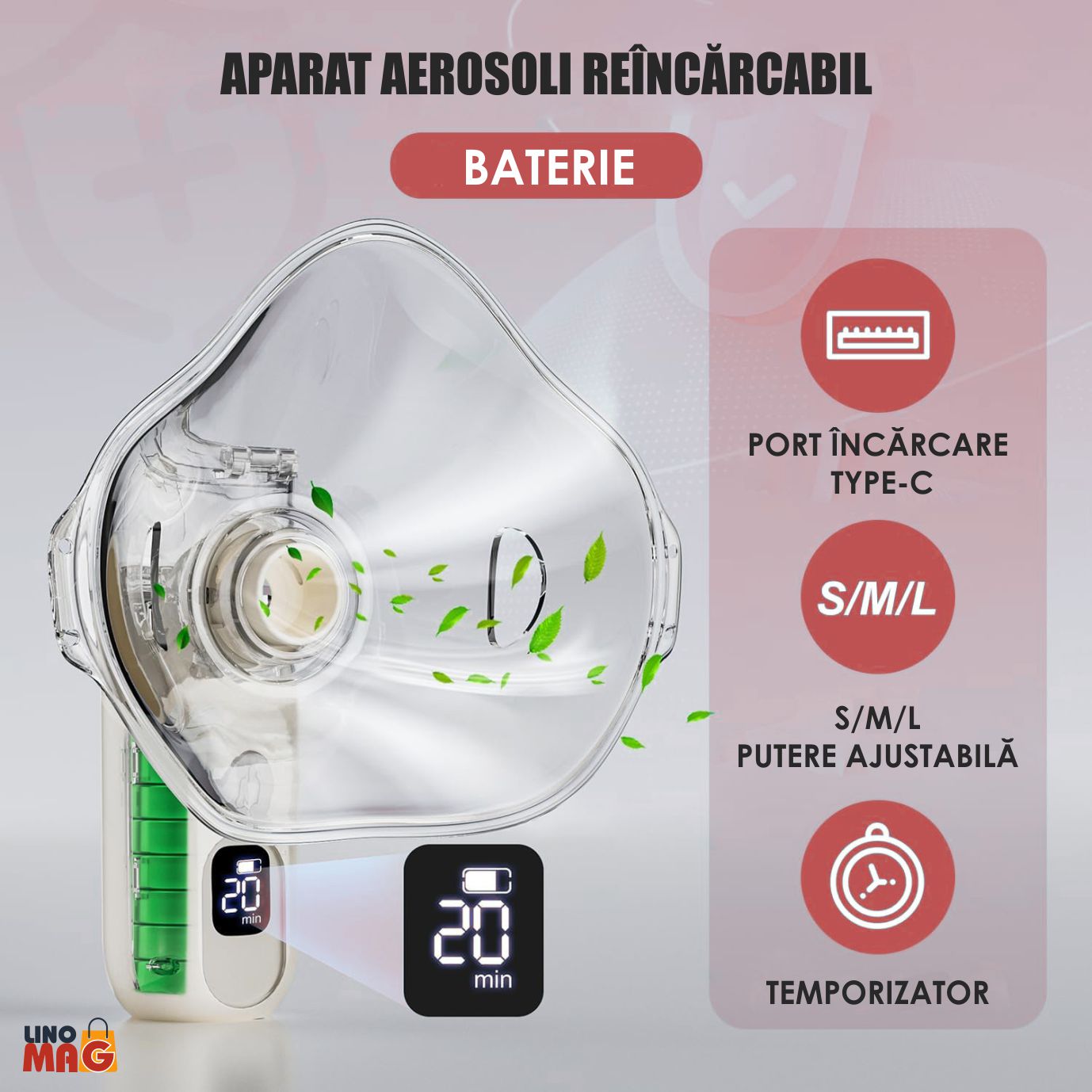 Aparat Aerosoli Profesional Linomag®, Masca Copii si Adulti, Tehnologie Mesh, Autocuratare, Silentios, Alb/Negru - imagine 5